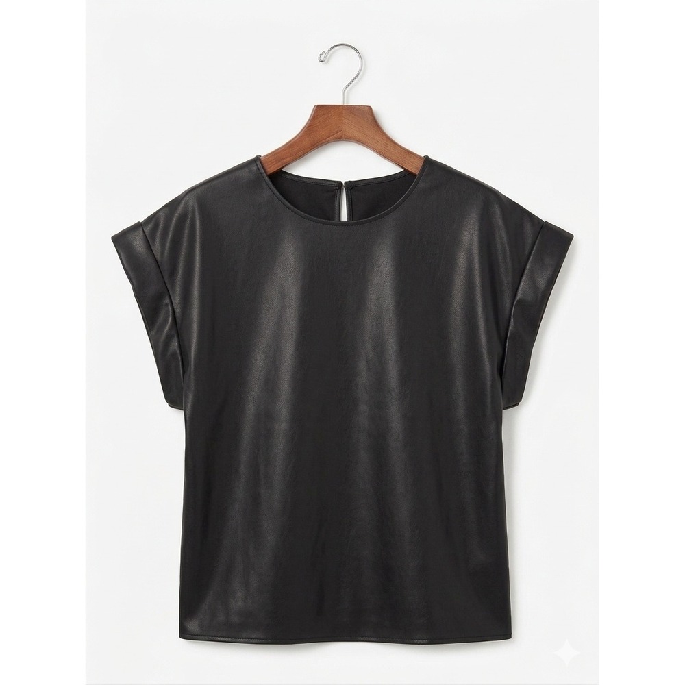 Express Gramercy Black Faux Leather Goth Chic Cuffed Short Sleeve Top Blouse XL
